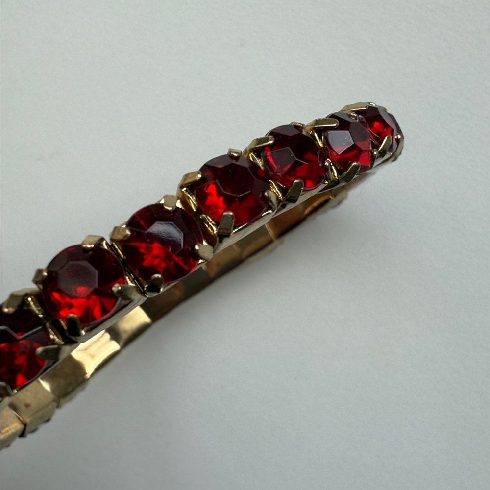 Vintage Gold Tone Red Rhinestone MCM Stretch Bracelet Mad Men Hollywood Regency
